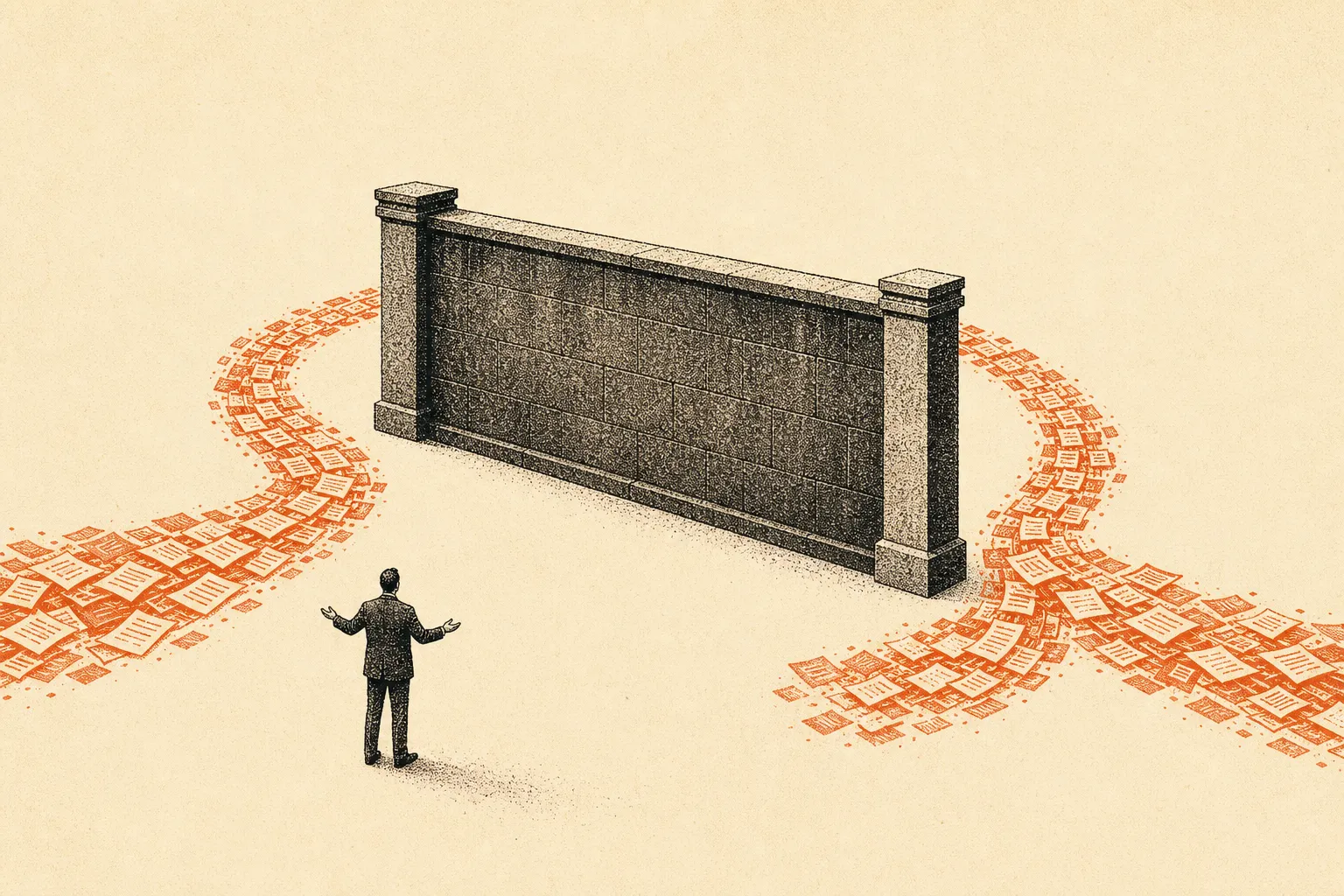 A tall masonry wall stands across the path. A stream of documents flows up to it, splits, and curves cleanly around both ends to continue unbroken on the far side. A lone figure faces the wall head-on, back turned and arms spread as if satisfied, not seeing the papers slip past behind it.