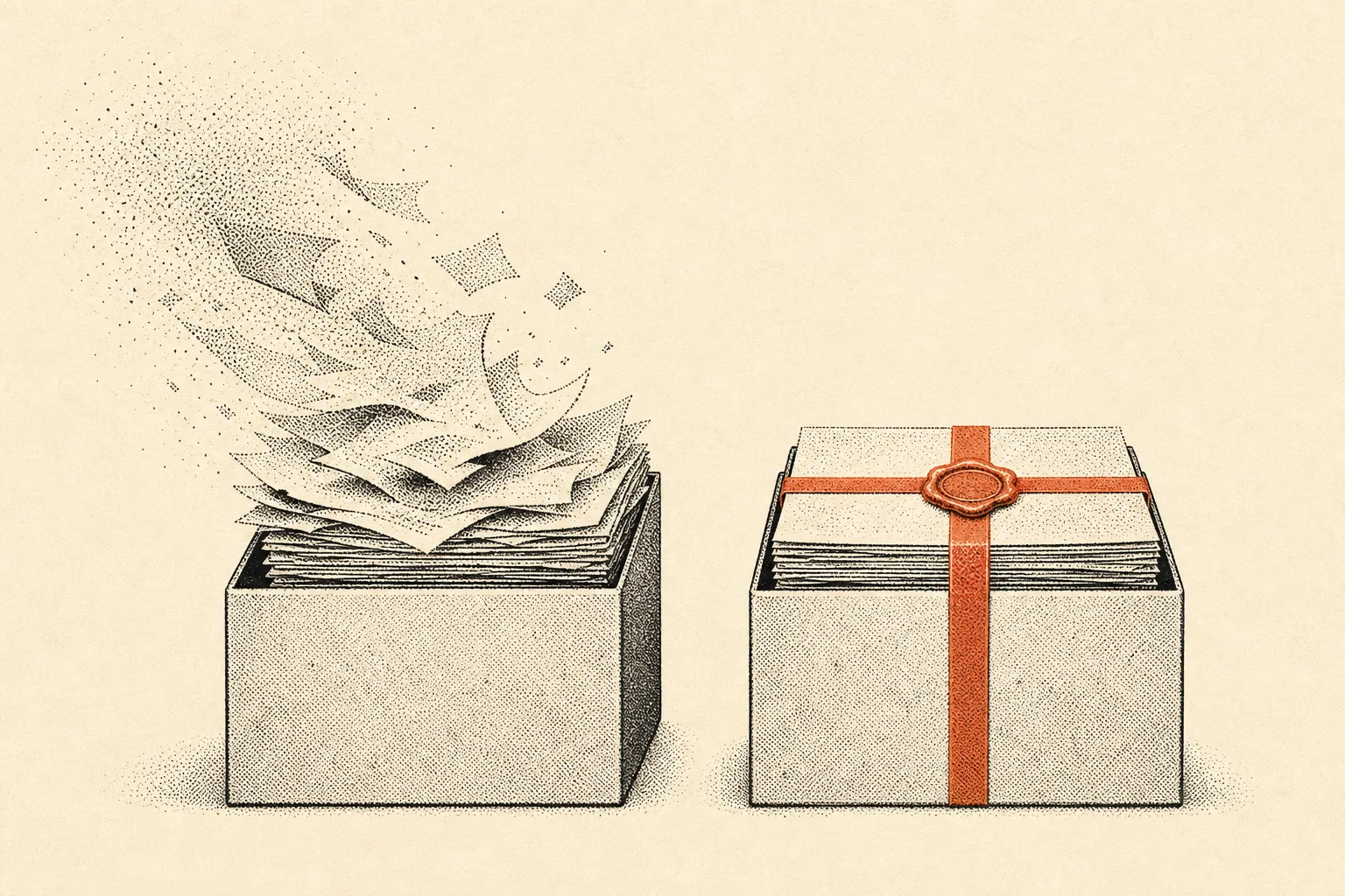 Two identical boxes holding identical papers. The left one is open and its contents are drifting away; the right one is bound with a band and a seal. Only the binding differs.