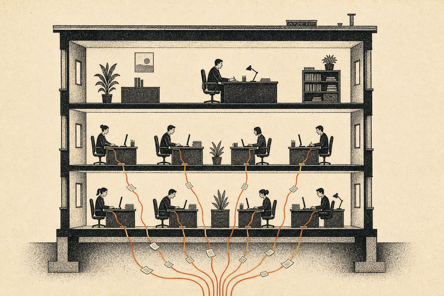 A cutaway office building. At every desk on the lower floors, a thin thread carries fragments of paper down through the foundation and out of the frame. On the top floor, one figure sits facing the other way.